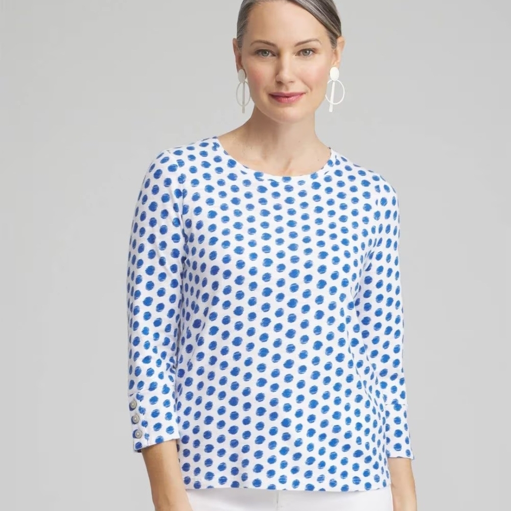 Chico’s Women’s White Top W/Blue Polka Dots 3/4 Sleeve Top; Size 3 (XL)